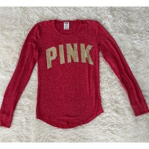 Victoria's Secret PINK Red Long Sleeve Sleepwear‎ Top Gold Lettering Women's